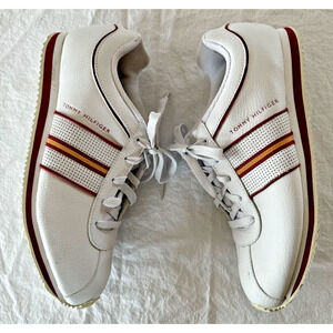 Vintage Tommy Hilfiger White Leather Sneakers Tennis Shoes Burgundy Stripe Sz 10